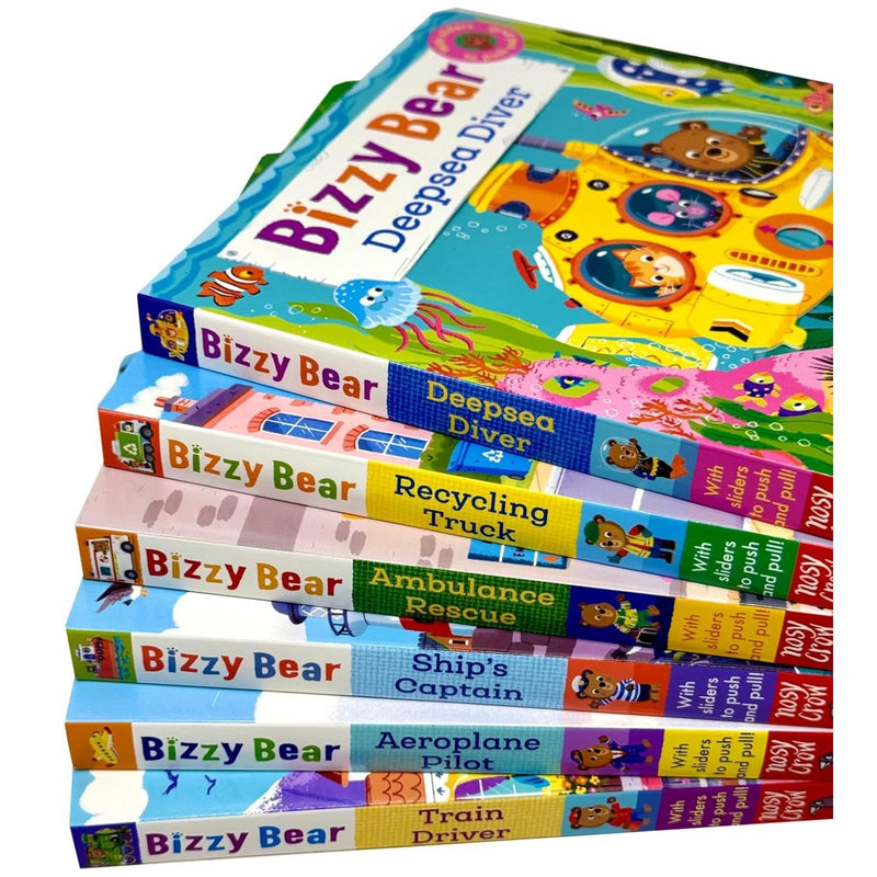 Bizzy Bear: Series 1 Collection 6 Board Books Set by Benji Davies((Train Driver, Aeroplane Pilot, Ship’s Captain, Ambulance Rescue, Recycling Truck & Deep-Sea Diver) - The Book Bundle