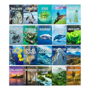 Children's nature and geography book collection by Jasmine Brooke, featuring colorful illustrations of bears, big cats, and more.