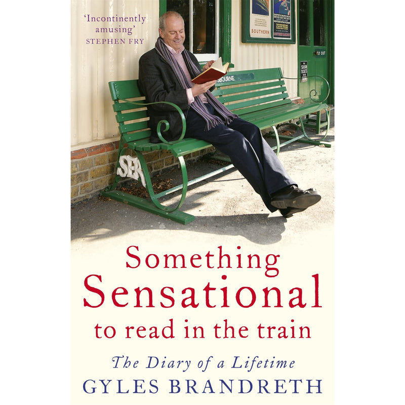 Cover of "Something Sensational to Read in the Train" diary by Gyles Brandreth, published by John Murray, featuring colorful book design.
