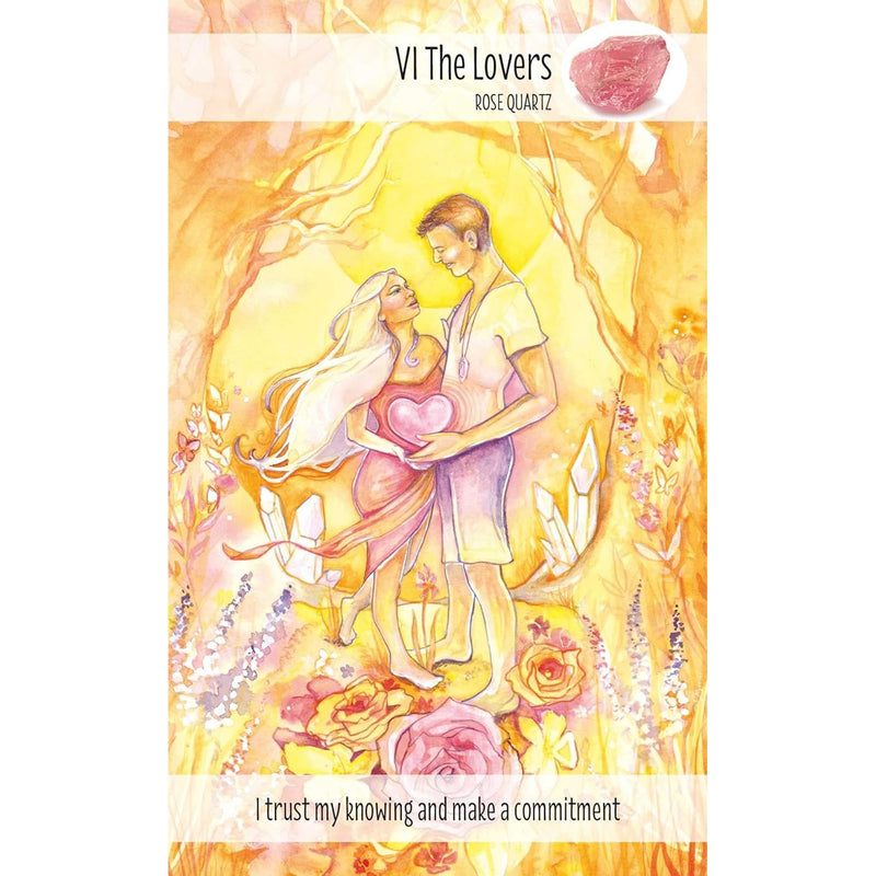 Deck of 78 Crystal Power Tarot cards by Jayne Wallace, featuring colorful artwork displayed on the paperback box.