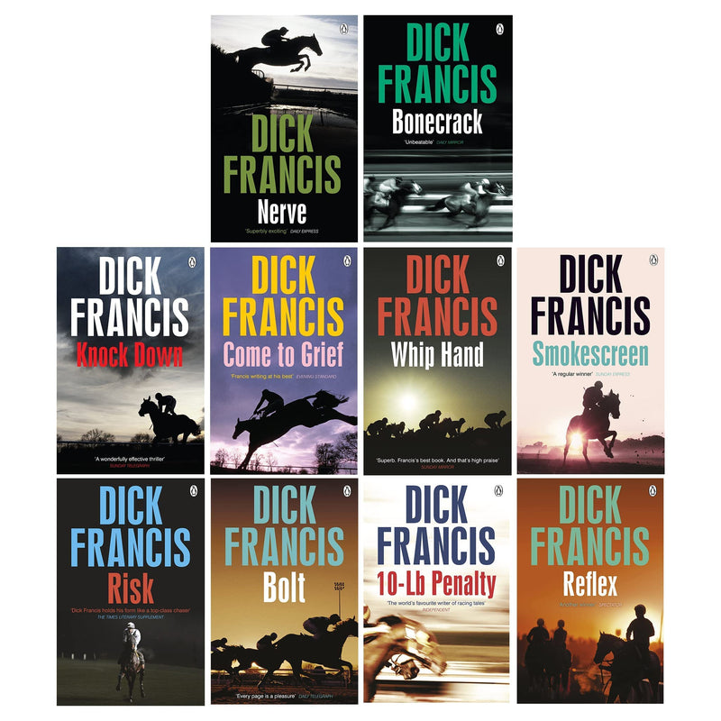 Set of 10 paperback Dick Francis thriller books including Nerve, Risk, Reflex, and Bonecrack, featuring classic fiction by Penguin.