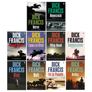 Set of 10 Dick Francis thriller paperback books including Nerve, Risk, Reflex, and Bonecrack by Penguin.