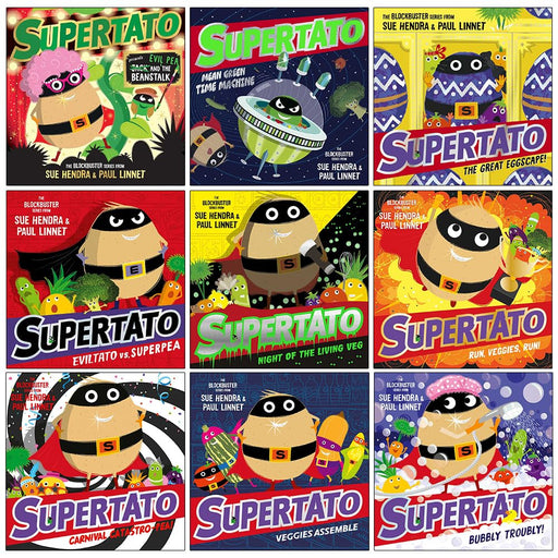 Supertato Series 9 Books Collection Set By Sue Hendra and Paul Linnet (Presents Jack and the Beanstalk, Mean Green Time Machine,Great Eggscape,Eviltato vs Superpea, Night of the Living Veg and More) - The Book Bundle
