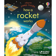 Peep Inside How a Rocket Works board book by Lara Bryan, showing colorful illustrations of rocket parts and space exploration for children.