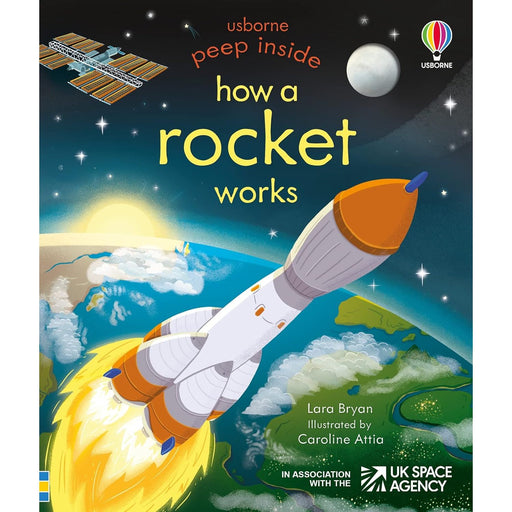 Peep Inside How a Rocket Works board book by Lara Bryan, showing colorful illustrations of rocket parts and space exploration for children.