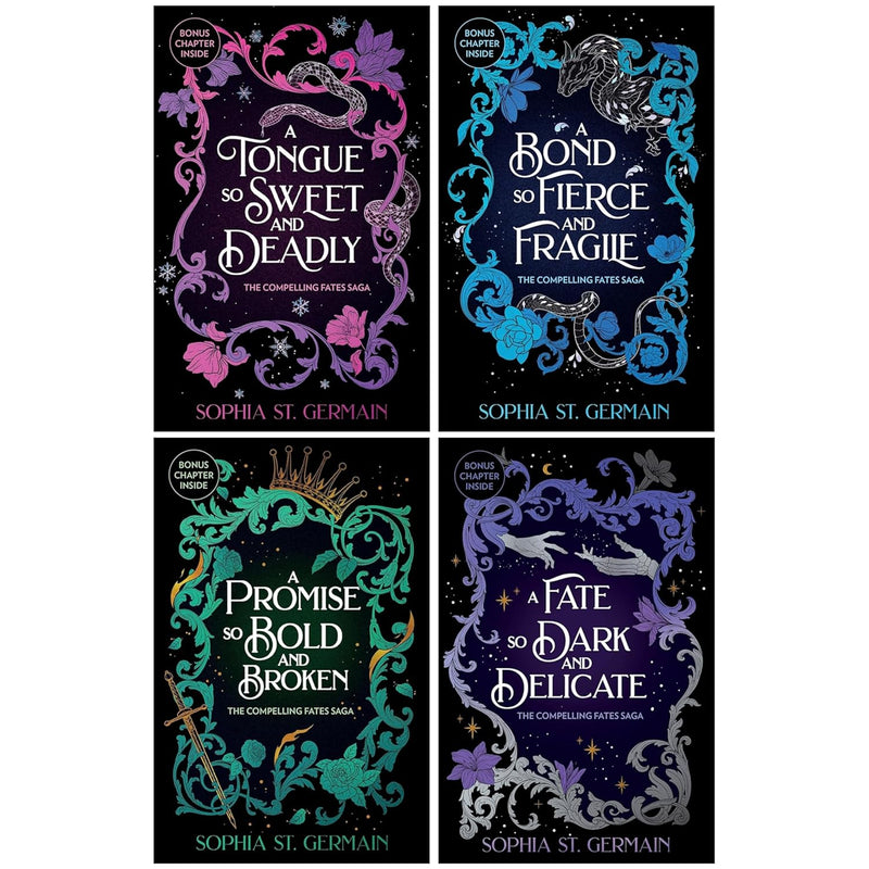 Set of four paperback fiction books from the Compelling Fates Saga by Sophia St. Germain, featuring vibrant cover art.
