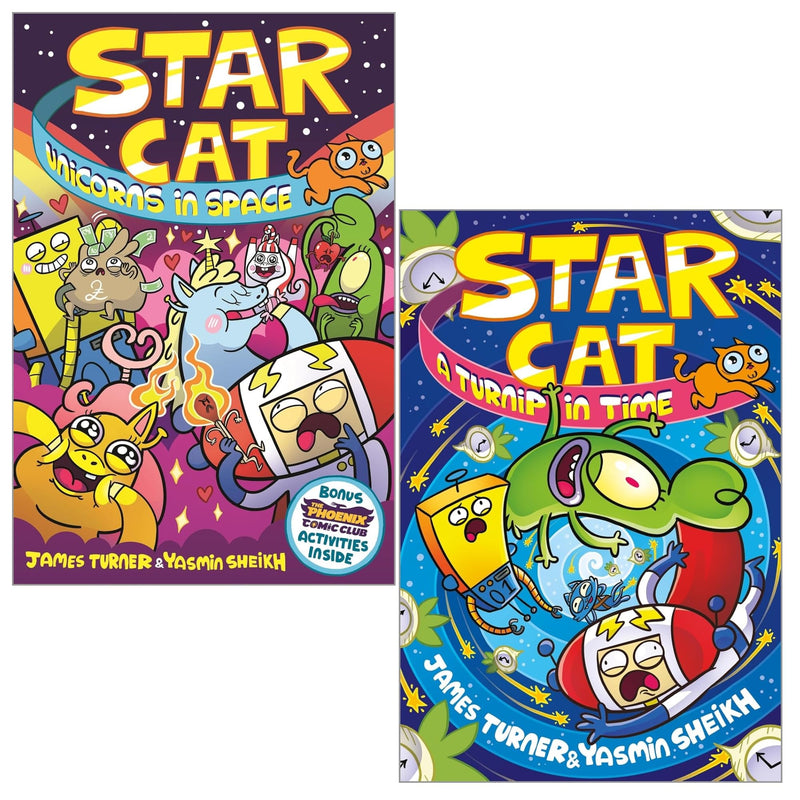 Star Cat Series 2 books collection by James Turner and Yasmin Sheikh, featuring fantasy tales like A Turnip in Time! and Unicorns in Space.