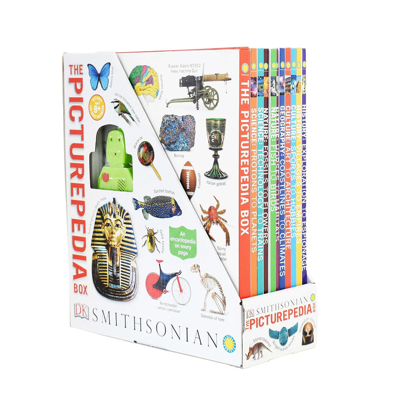 DK Children The Picturepedia Box 11-book science collection set, featuring colorful covers with planets, trains, and technology illustrations.