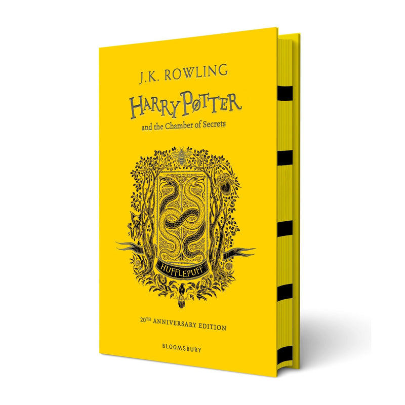 Hufflepuff edition of Harry Potter and the Chamber of Secrets by J.K. Rowling, hardcover book with Hufflepuff crest on cover.