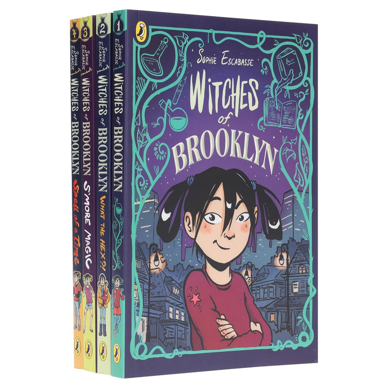 Set of four Witches of Brooklyn graphic novels by Sophie Escabasse, featuring colorful witch characters and enchanting illustrations.