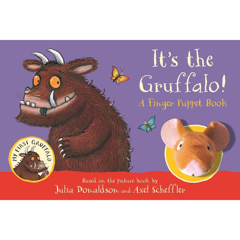 Finger puppet board book featuring The Gruffalo by Julia Donaldson, with colorful pages and a plush Gruffalo finger puppet.