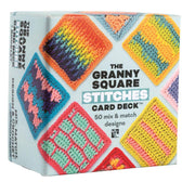 Set of three crochet card decks by Claire Montgomerie featuring granny square stitches, flowers, and crochet techniques.