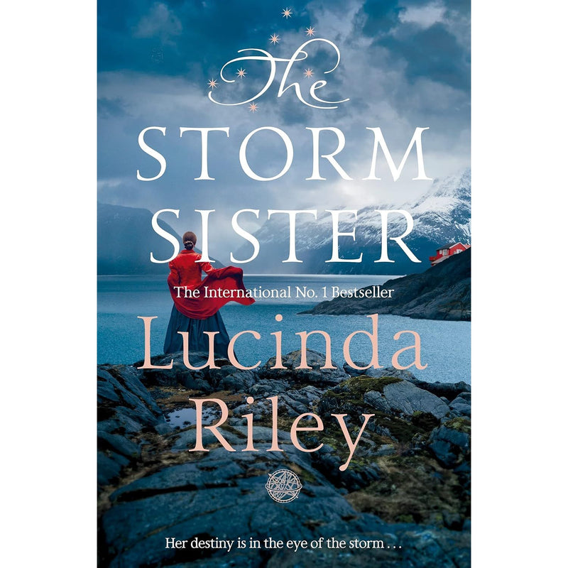 Pan view of "The Storm Sister" by Lucinda Riley, showcasing the book cover with vibrant artwork and title details.