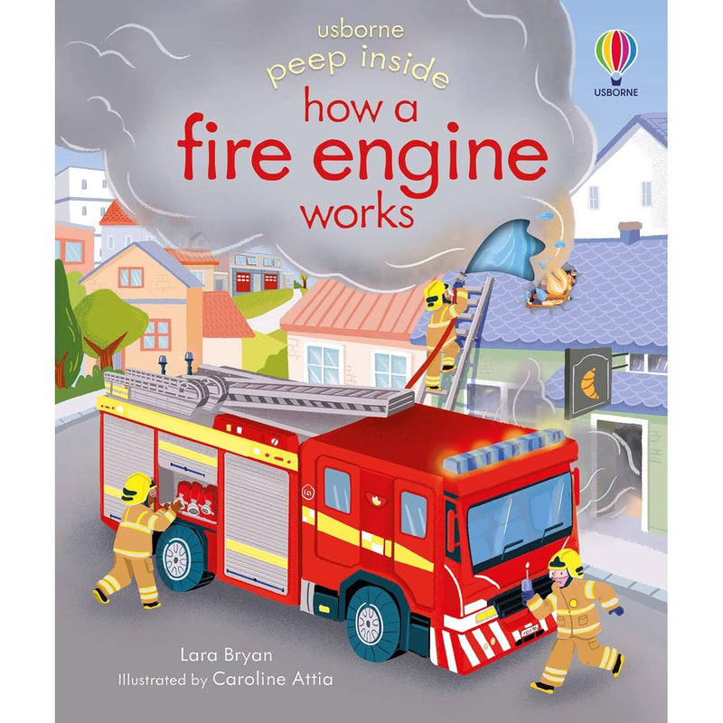 Board book titled "Peep Inside How a Fire Engine Works" by Lara Bryan, showing colorful fire engine illustrations for young children.