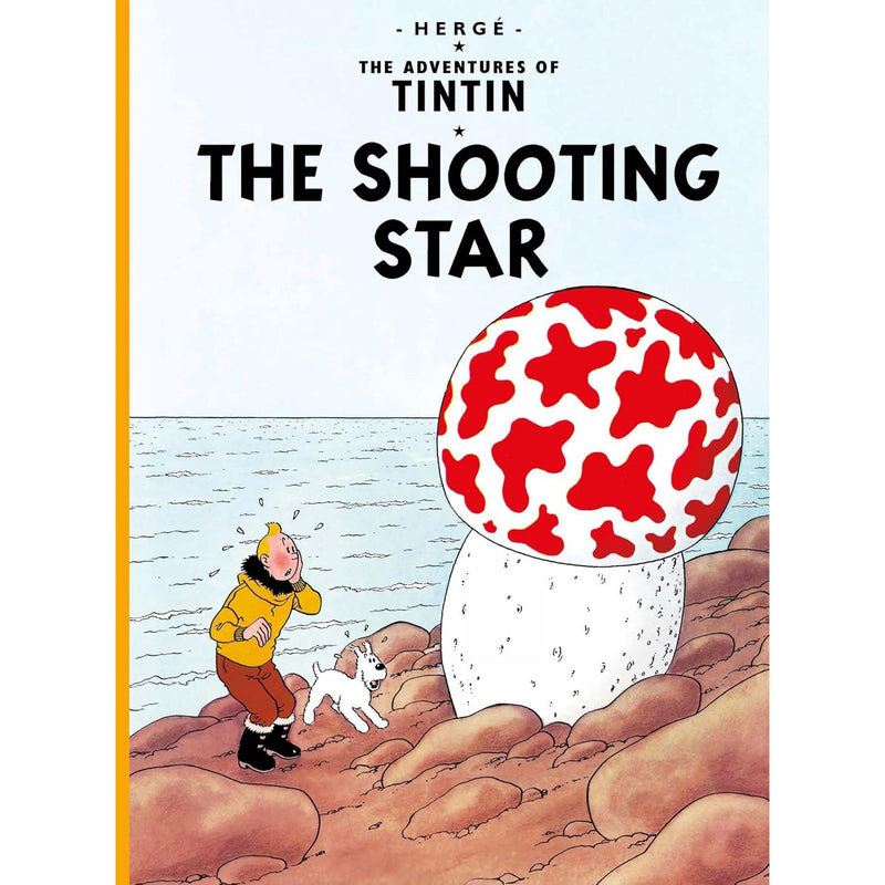 Illustration from "The Shooting Star" children's mystery book by Hergé, featuring Tintin and snowy landscapes.