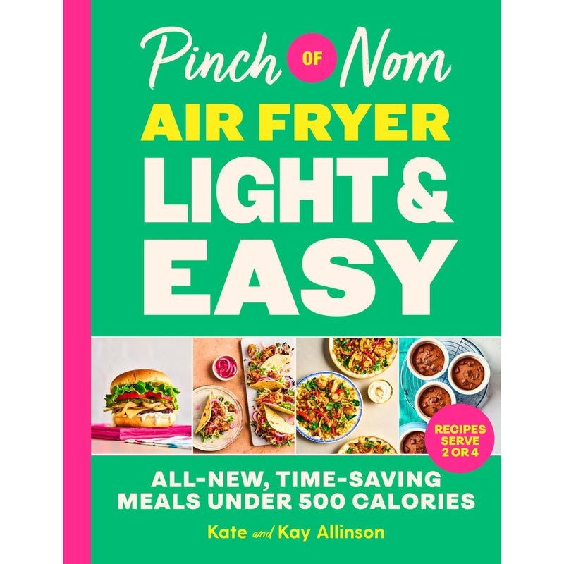 Cover of "Pinch of Nom Air Fryer Light and Easy" cookbook by Bluebird, featuring a colorful food arrangement on a white background.