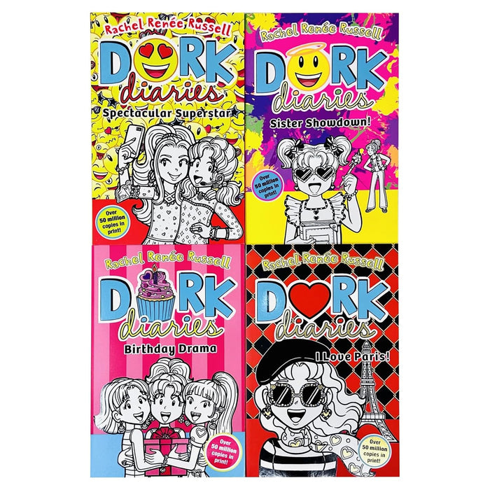 Dork Diaries Collection 4 Books Set (Volume 13-16) By Rachel Renee Russell (Sister Showdown, Birthday Drama!, Spectacular Superstar and I Love Paris!) - The Book Bundle