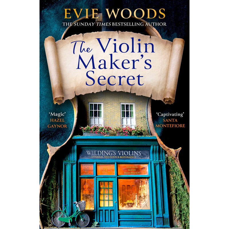 Cover of "The Violin Maker’s Secret" novel by Evie Woods, featuring an enchanting illustration with a violin and warm tones.