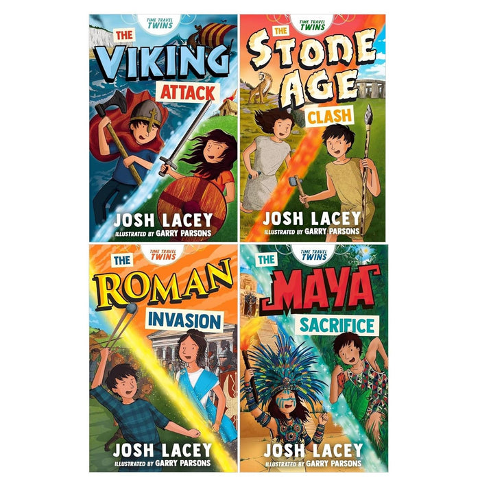 Time Travel Twins Series 4 Books Collection Set by Josh Lacey (Viking Attack, Stone Age Clash, Roman Invasion, Maya Sacrifice) - The Book Bundle