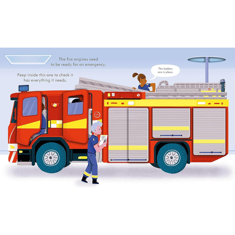 Board book titled "Peep Inside How a Fire Engine Works" by Lara Bryan, showing colorful fire engine illustrations for curious kids.