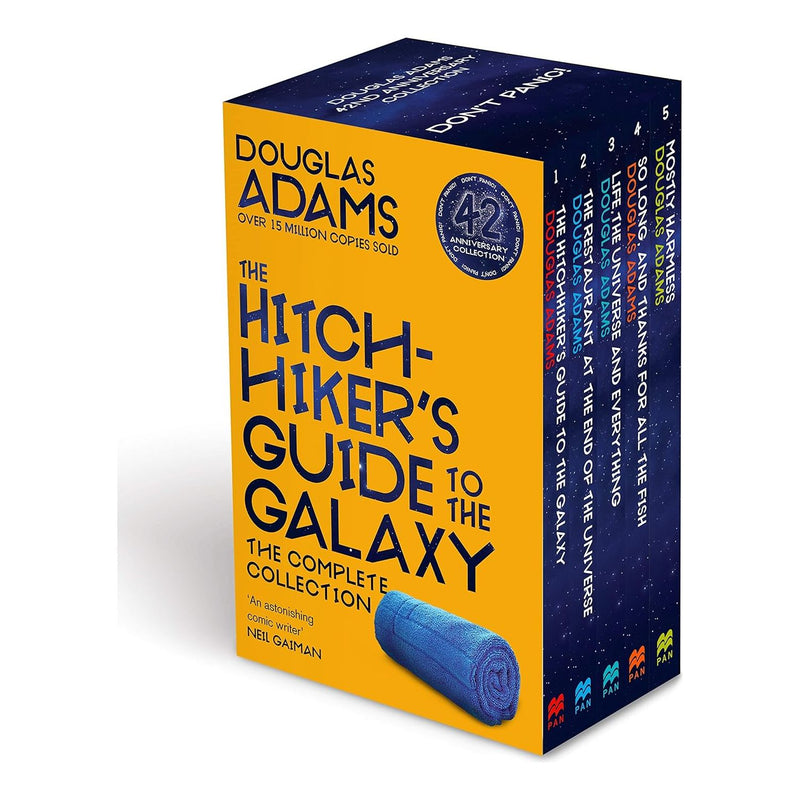 Pan collection of five books from Douglas Adams' Hitchhiker's Guide to the Galaxy series, displayed in a box set.