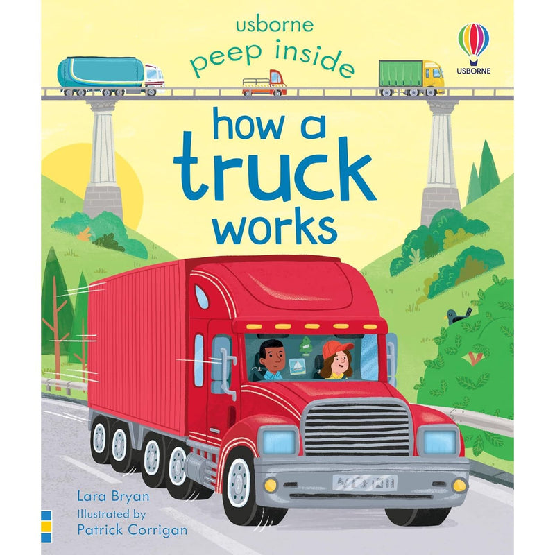 Board book titled "Peep Inside How a Truck Works" by Lara Bryan, showing colorful illustrations of trucks and internal parts for children.