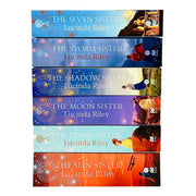 Six paperback books from Lucinda Riley's Seven Sisters series collection, featuring colorful cover art and title details.