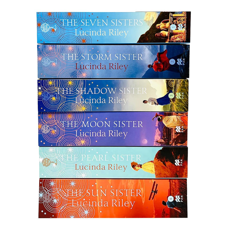Six paperback books from Lucinda Riley's Seven Sisters series collection, featuring colorful cover art and title details.