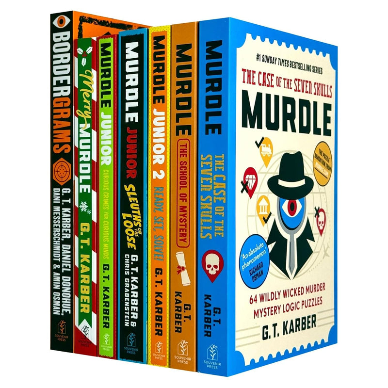 Set of seven Murdle Puzzle Series books by G. T. Karber in paperback, featuring fictional stories, published by Souvenir Press Ltd.