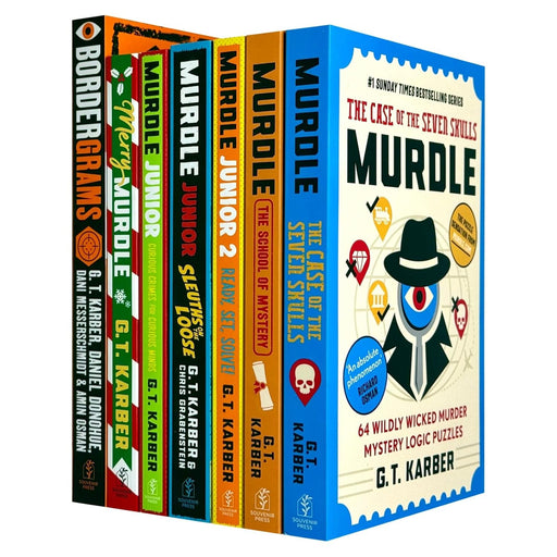 Set of seven Murdle Puzzle Series books by G. T. Karber in paperback, featuring fictional stories, published by Souvenir Press Ltd.
