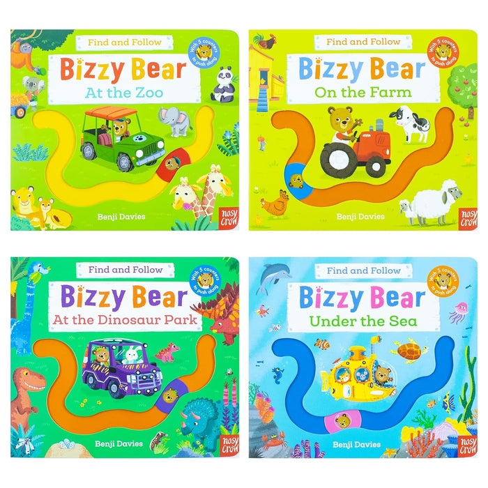 Bizzy Bear Find & Follow Series 4 Books Set (At The Zoo, On The Farm, At The Dinosaur Park, Under The Sea) - The Book Bundle