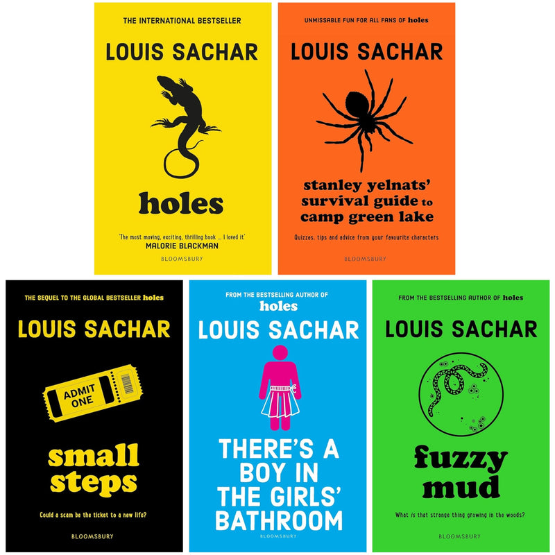 Cover image of "Holes" by Louis Sachar from the Small Steps 5 Books Collection, featuring a boy and school bathroom scene.