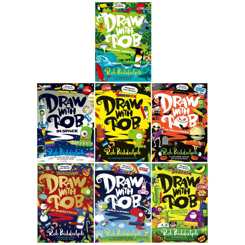 Draw With Rob Series 7 Books Collection Set (Draw With Rob, Draw with Rob at Christmas, Build a Story, Monster Madness, Amazing Animals, at Halloween and In Space) - The Book Bundle