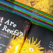 Children's nature and geography book set by Jasmine Brooke, featuring animals like bears and big cats in colorful illustrations.