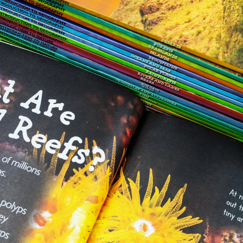 Children's nature and geography book set by Jasmine Brooke, featuring animals like bears and big cats in colorful illustrations.