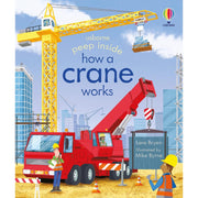 Peep Inside How a Crane Works board book by Lara Bryan, showing colorful illustrations of a crane in operation.