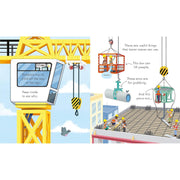 Peep Inside How a Crane Works board book by Lara Bryan, Usborne Publishing, showing colorful crane illustrations and construction scenes.