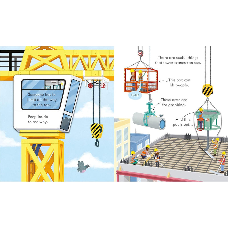 Peep Inside How a Crane Works board book by Lara Bryan, Usborne Publishing, showing colorful crane illustrations and construction scenes.