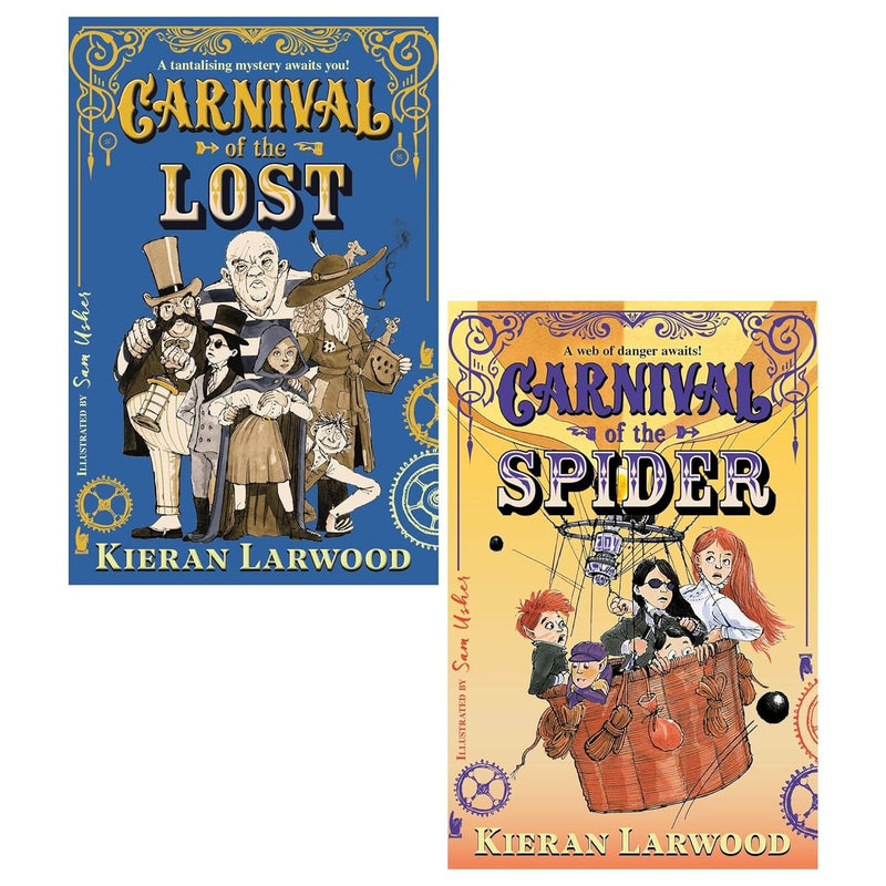 Dark Fantasy Carnival Mystery Thrillers book set by Kieran Larwood, featuring two fiction paperbacks with dark, mysterious cover art.