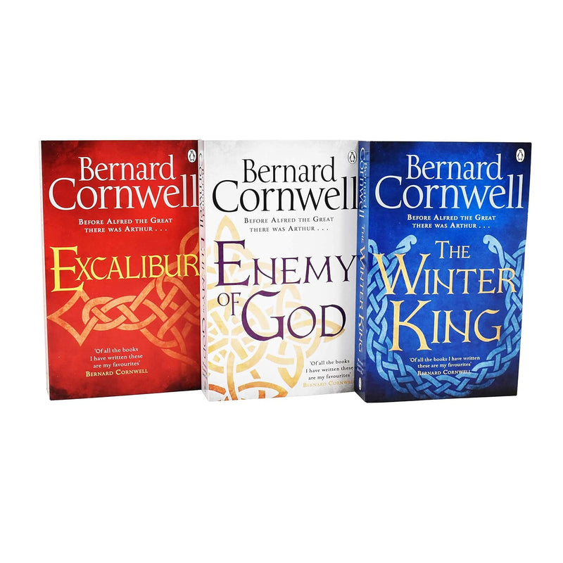 Three paperback books from Bernard Cornwell's Warlord Chronicles collection set, featuring historic fiction by Harper Collins.