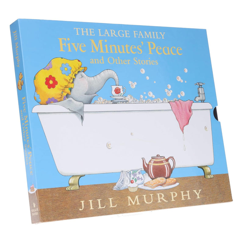 Set of five children's books from Jill Murphy's Large Family Five Minutes Peace collection by Walker Books, featuring colorful illustrations.