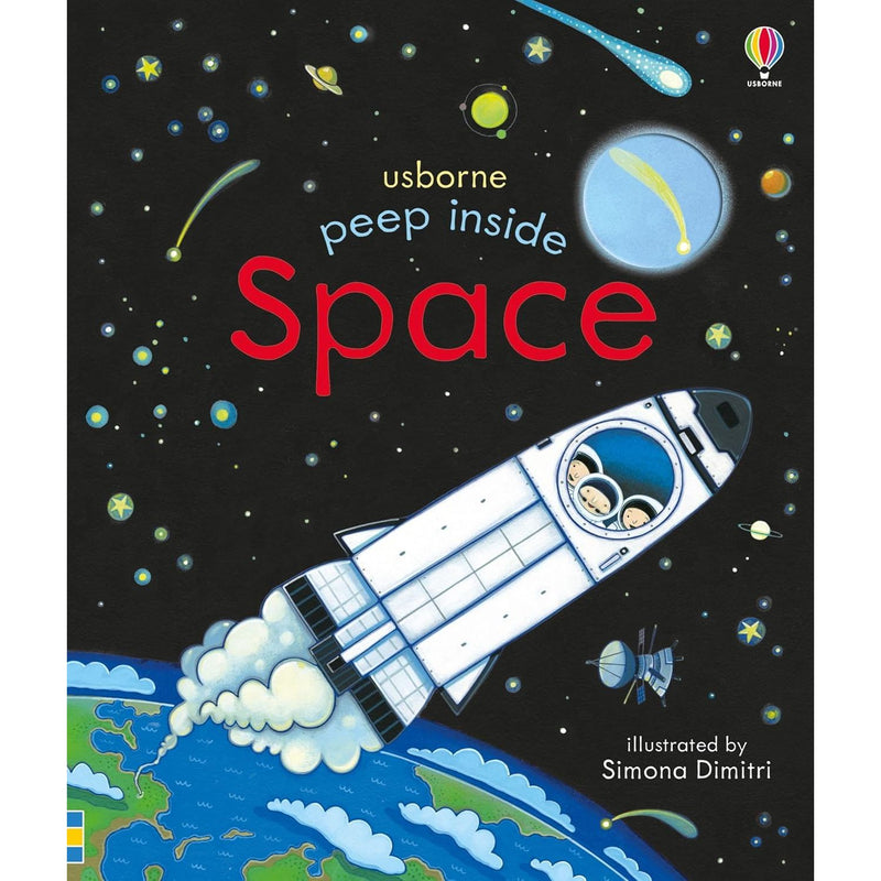 Bright cover of "Peep Inside Space" board book by Anna Milbourne, revealing colorful space-themed illustrations and playful design.