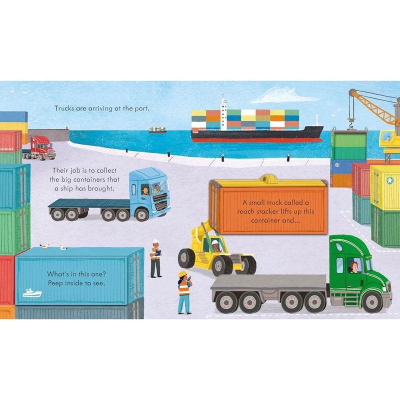 Peep Inside How a Truck Works board book by Lara Bryan, showing colorful illustrations of trucks and vehicle mechanisms.