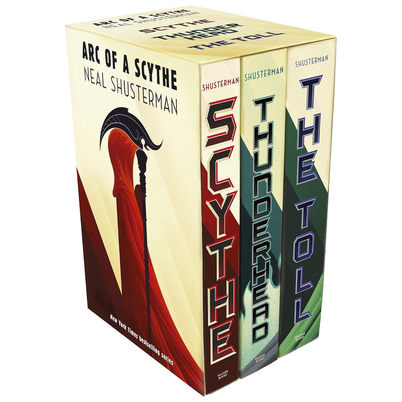 Arc of a Scythe book collection box set by Neal Shusterman, featuring three young adult paperback novels with vivid cover art.