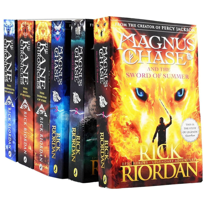 Six-book collection of Rick Riordan's Kane Chronicles and Magnus Chase series by Puffin, featuring colorful book covers and spines.