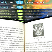 Set of 12 Warrior Cats books by Erin Hunter, including volumes from The Prophecies Begin and The New Prophecy series, featuring colorful cover art.