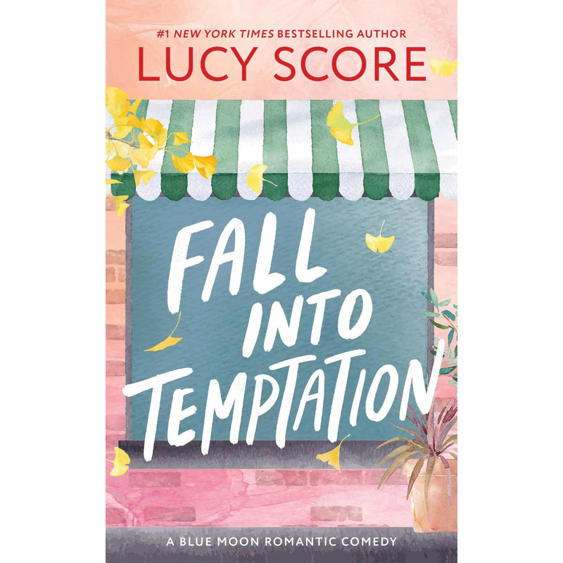 Paperback of Fall Into Temptation by DK Sourcebooks, a small town friends to lovers romantic comedy novel with a blue cover.