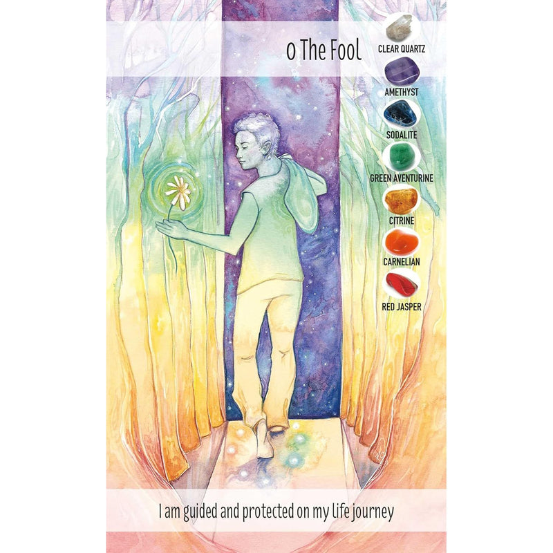 Tarot card deck from The Crystal Power Tarot by Jayne Wallace, featuring 78 colorful illustrated cards on a white background.