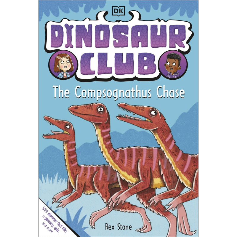 Paperback book cover of Dinosaur Club The Compsognathus Chase by DK Flip, featuring colorful dinosaur illustrations for young readers.