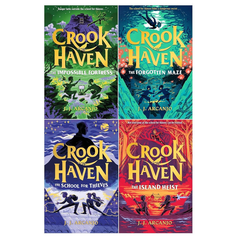 Crookhaven Series 4 books collection set by J.J. Arcanjo, including The School for Thieves and The Forgotten Maze, for children.